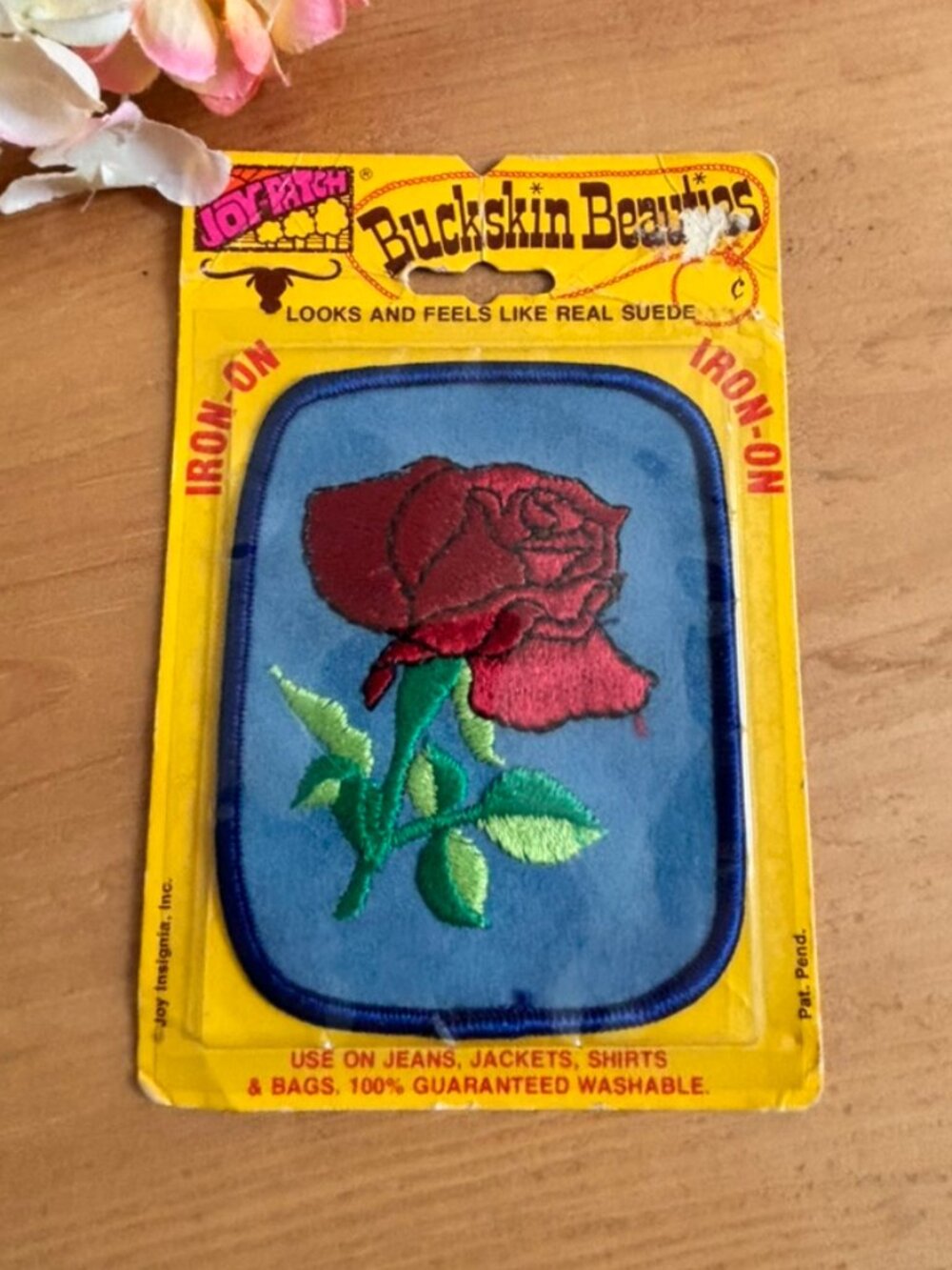 Vintage Joy Patch "Buckskin Beauties" iron-on patch embroidered red rose